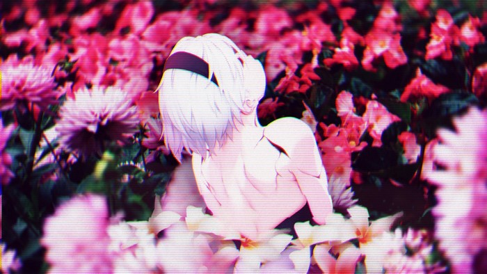 2B from NieR: Automata in a field of flowers