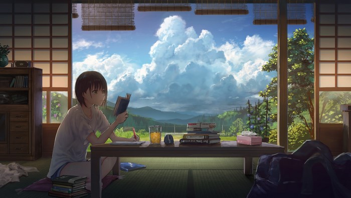 Anime girl reading and writing by the window