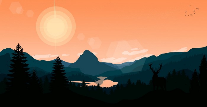 Minimalist deer in mountains at sunset illustration