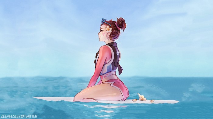D.Va from Overwatch on a surfboard
