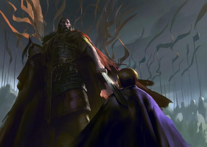 Giant warrior with sword facing a smaller figure