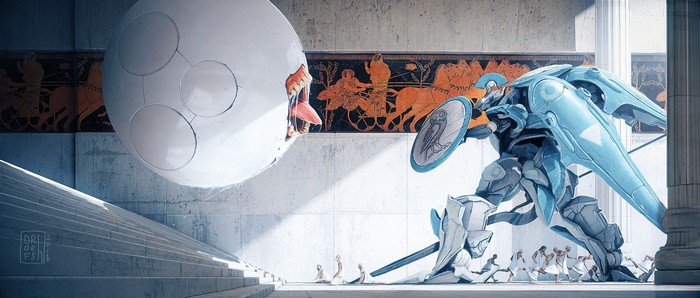 Robot warrior fighting a giant egg creature in ancient temple
