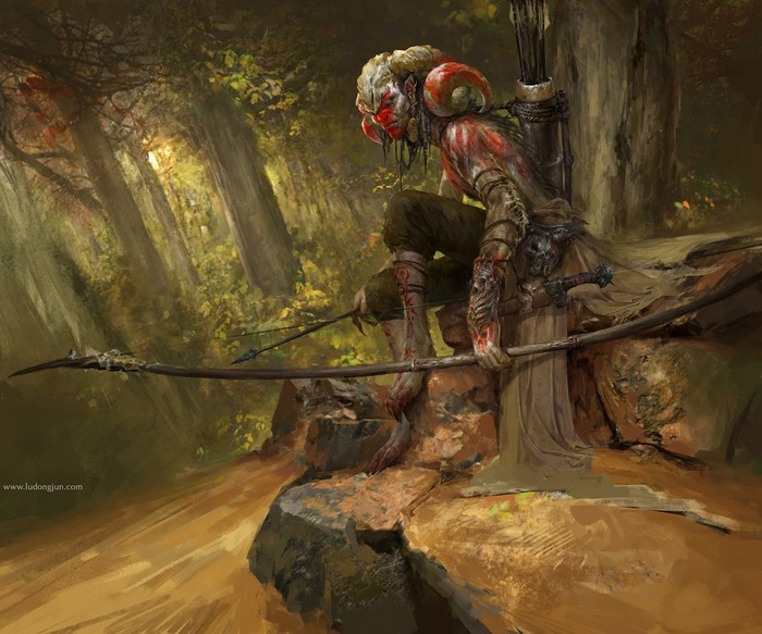 Fantasy warrior archer with ram horns in a forest