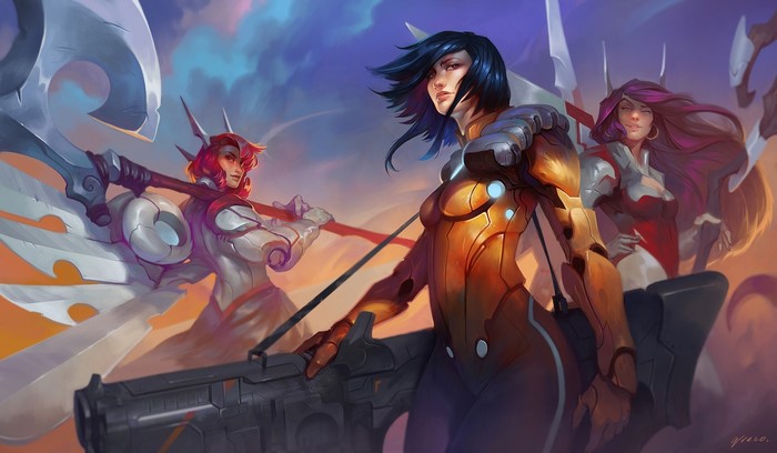 Three female warriors with futuristic armor and weapons