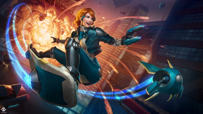 Woman on hoverboard with guns in futuristic city