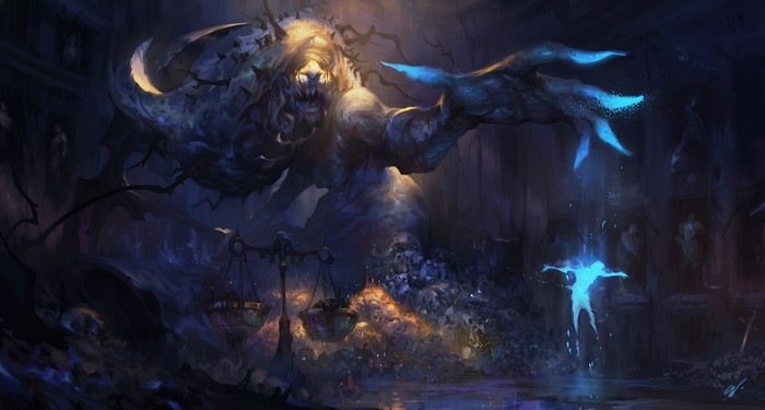 Giant monster with glowing hand and a glowing person