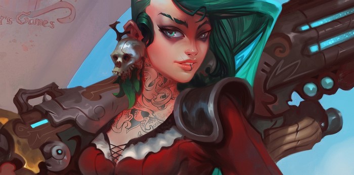 Fantasy warrior with skull earring and gun