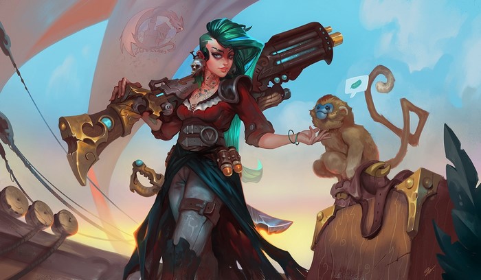 Fantasy warrior woman with steampunk gun and monkey