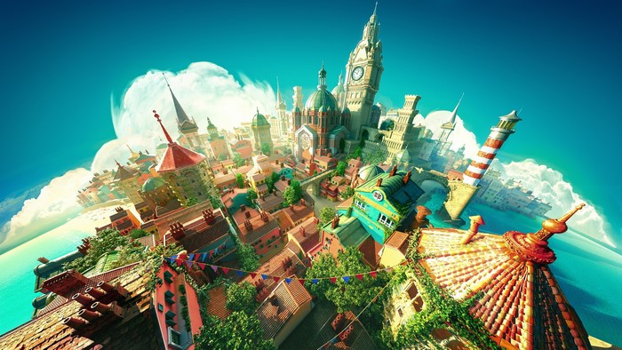 Fantasy city with towers and a lighthouse