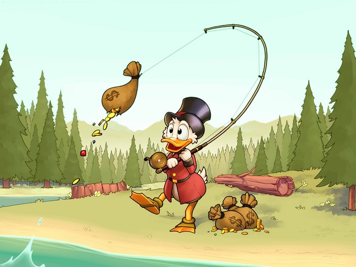 Scrooge McDuck fishing for money bags