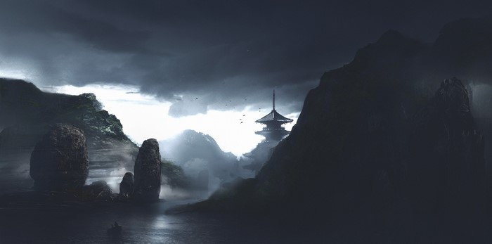 Dark, misty landscape with a Japanese pagoda