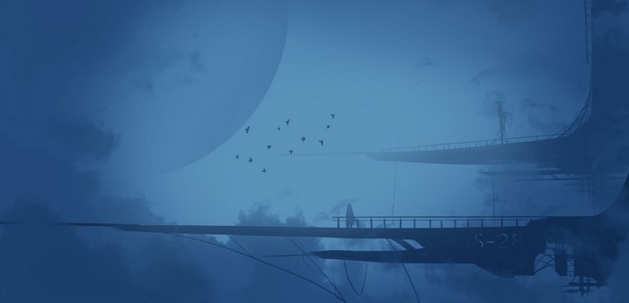 Futuristic structures and birds in a blue atmosphere