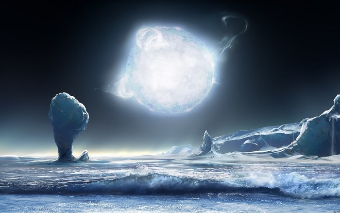 Alien planet with icy landscape and bright star