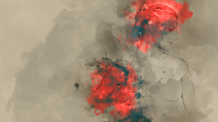Watercolor portrait of a woman with red and teal splashes