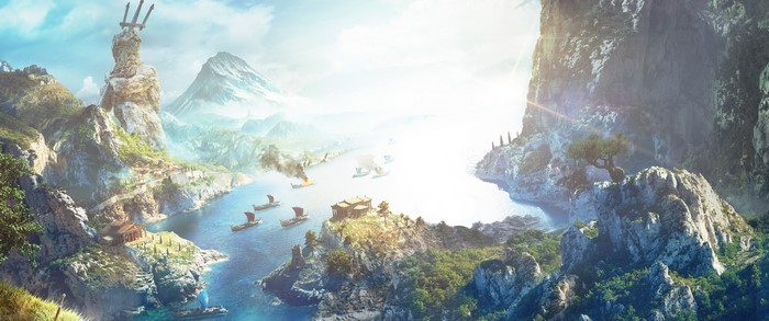 Assassin's Creed Odyssey: Ancient Greek Harbor with Ships and Statue