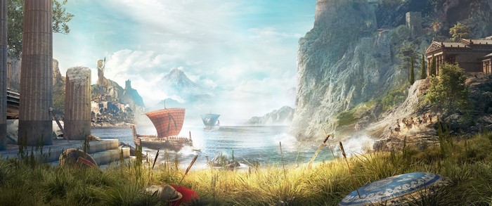 Assassin's Creed Odyssey: Ancient Greek Harbor with Ships and Ruins
