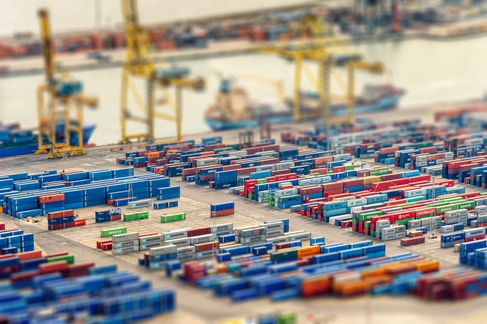 Container port with Maersk containers and cranes
