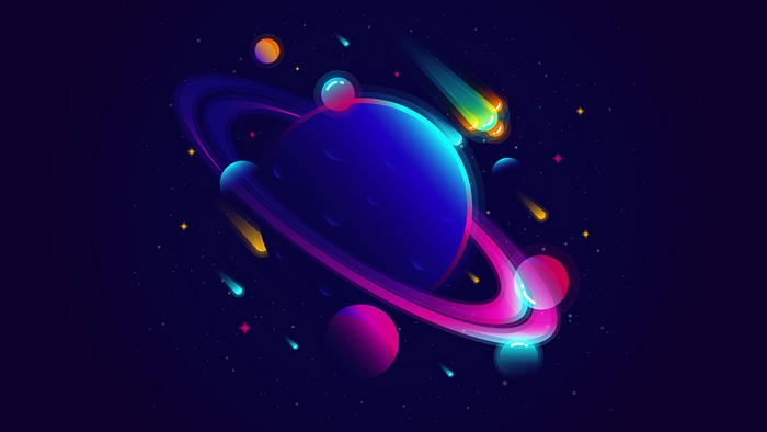 Colorful planets and meteors in outer space