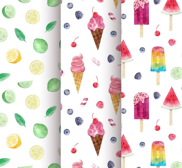 Watercolor pattern of fruits and ice cream