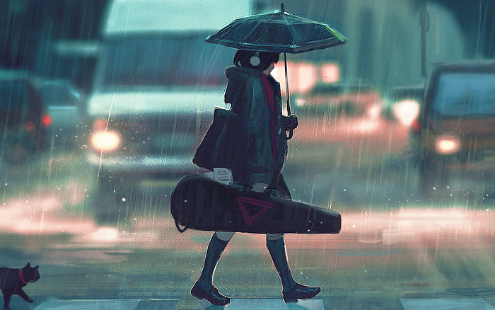 Anime girl with umbrella and guitar case in the rain