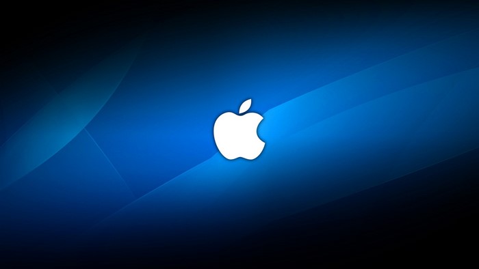 Apple logo on a blue abstract background