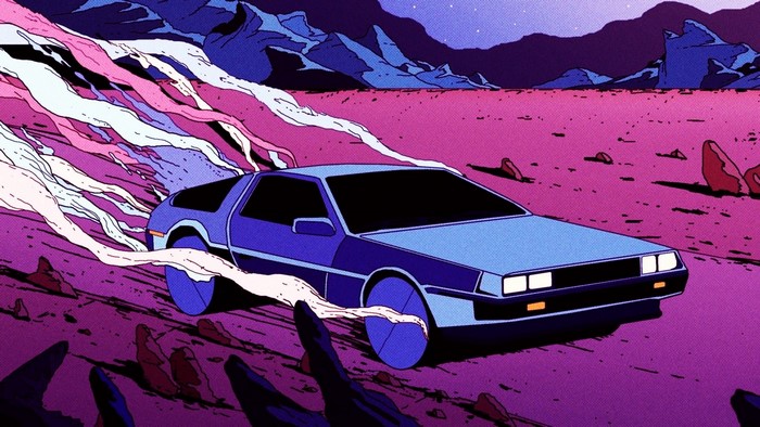 Blue DeLorean driving through a desert landscape