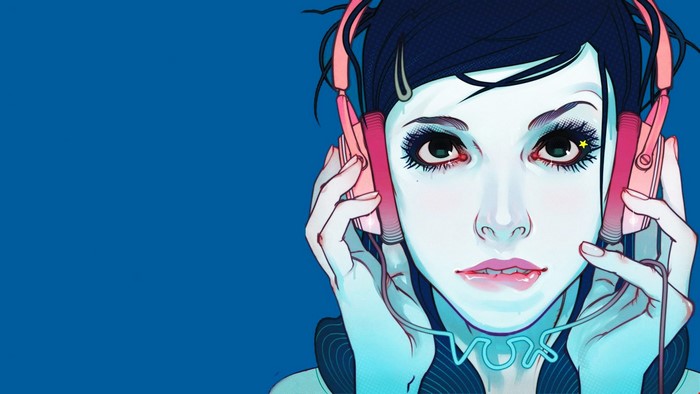Girl with pink headphones and neon VOX sign