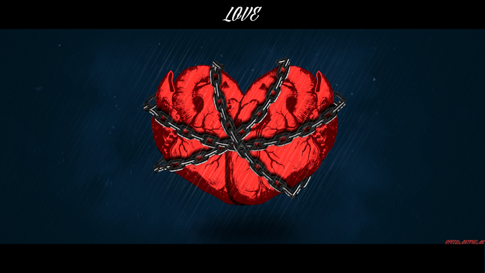 Chained anatomical heart with the word LOVE