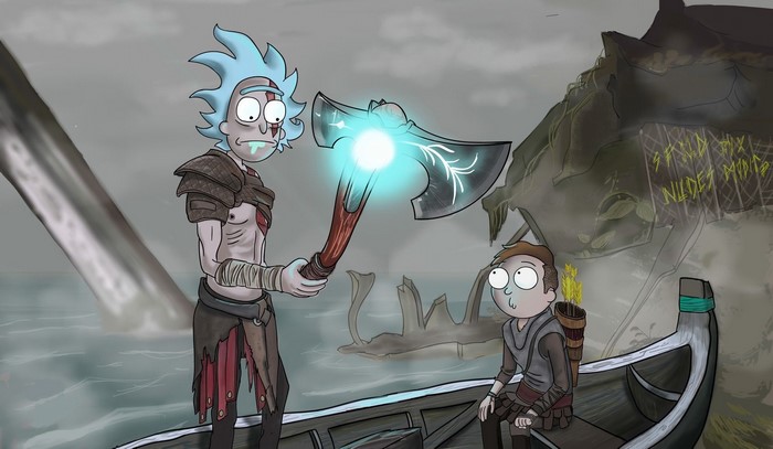 Rick and Morty as Kratos and Atreus with Leviathan Axe