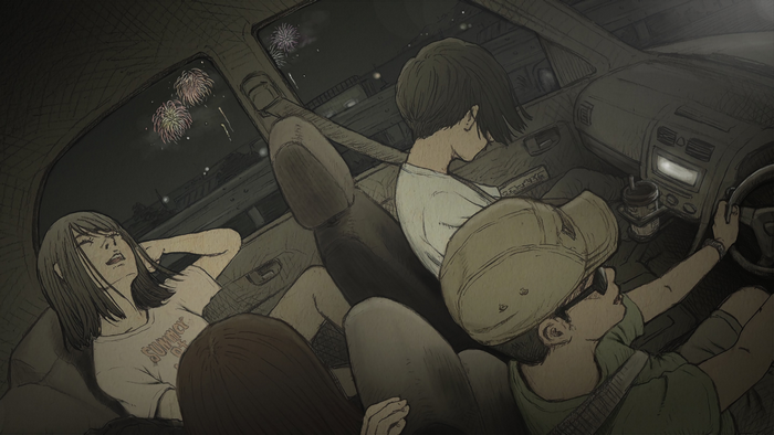People in a car watching fireworks
