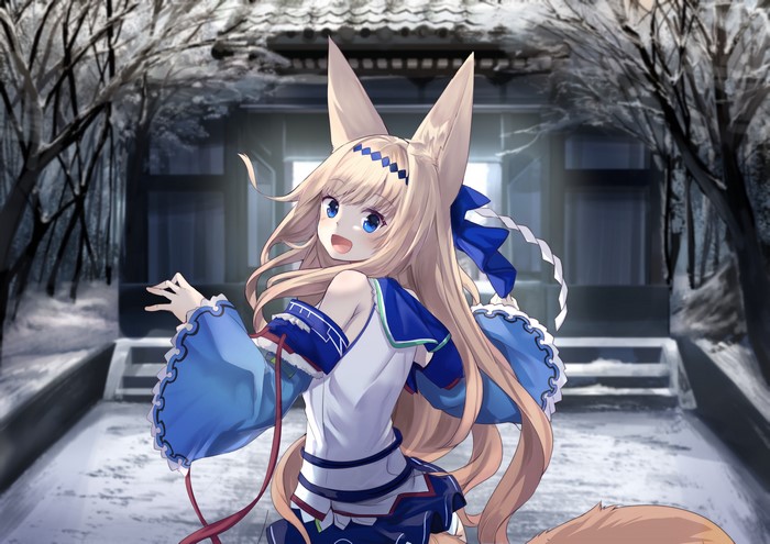 Anime girl with fox ears and tail in winter