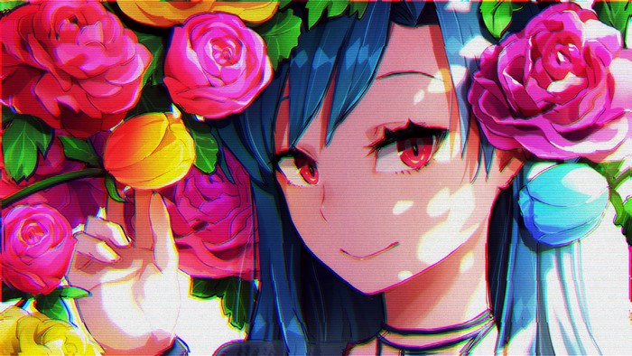 Anime girl with blue hair and red eyes surrounded by flowers
