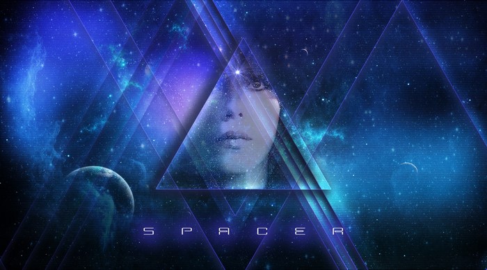 Woman's face superimposed on a starry triangle in space
