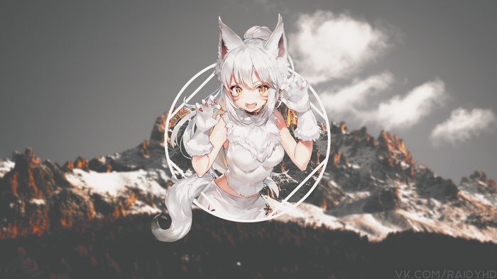 Anime girl with fox ears and tail in front of mountains