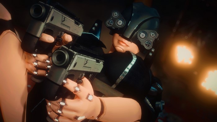 Cyberpunk 2077 character with dual weapons