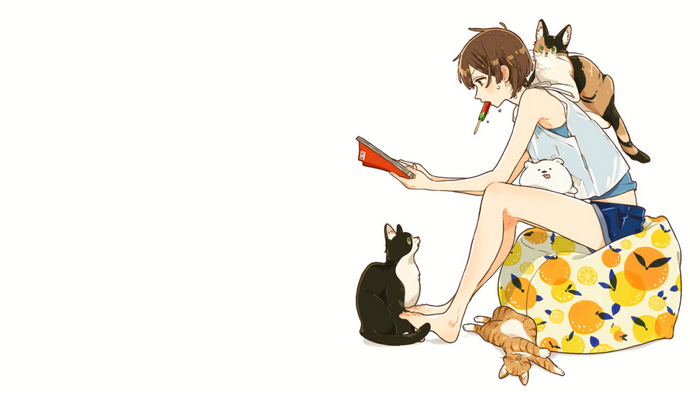Anime girl reading with cats and ice cream