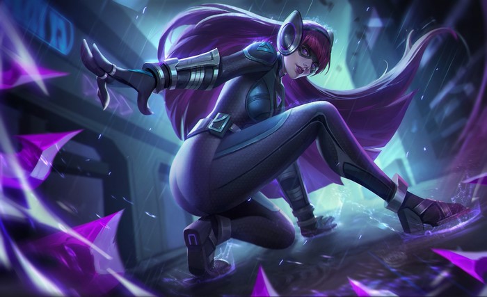 Irelia from League of Legends in a crouched pose