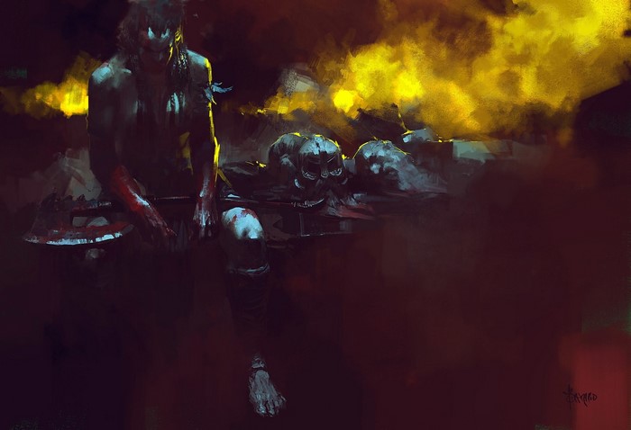 Bloody warrior with axe and severed heads