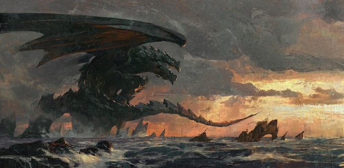 A dark fantasy dragon over a stormy sea at sunset