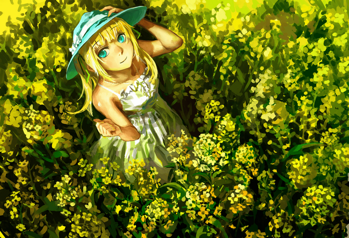 Anime girl in a hat in a field of flowers