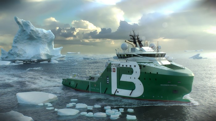 Bourbon Arctic ship navigating through icebergs