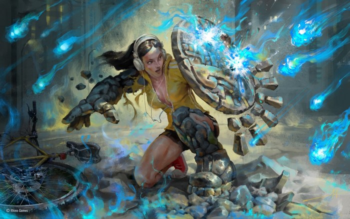 Fantasy girl with stone arms and shield in combat