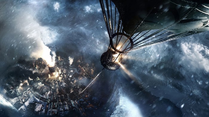 Frostpunk airship over a snowy city