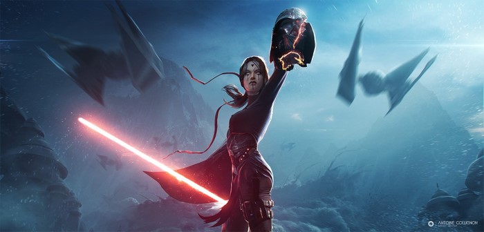 Sith woman holding Darth Vader's helmet with lightsaber and TIE fighters
