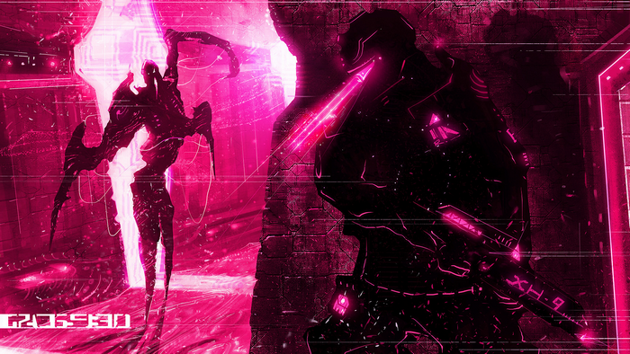 Two futuristic soldiers in a pink digital world