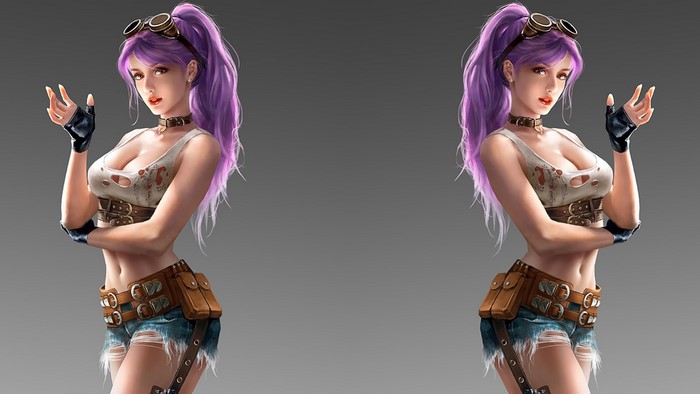 Two women with purple hair and goggles