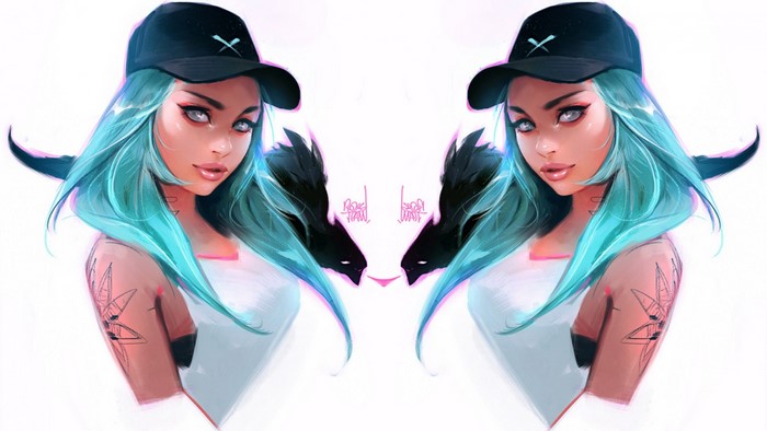 Symmetrical portrait of a woman with cyan hair by Ross Tran