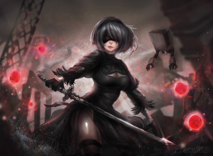 2B from Nier: Automata with Pod and red orbs