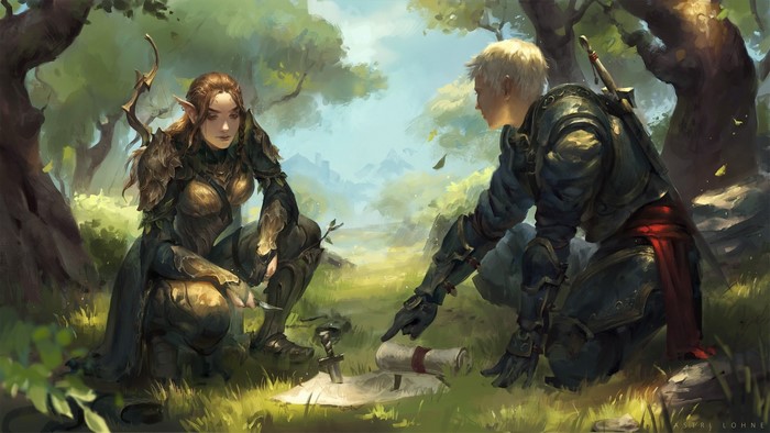 Elf and knight studying a map in a forest