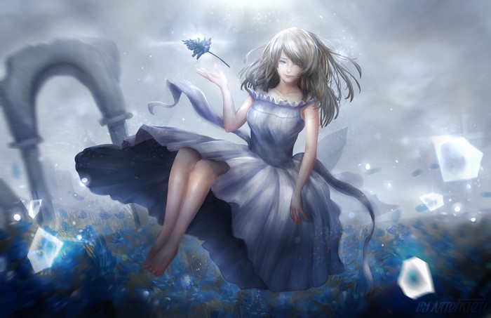 Fantasy girl in a dress holding a blue flower